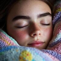 Young girl peacefully sleeping under a colorful blanket at home photo