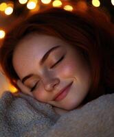 Cozy evening portrait of a young woman with red hair and warm lights photo