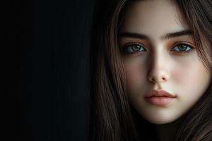 Young woman with striking eyes gazes softly against dark background photo