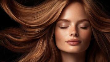 Model showcasing flowing hair in a beauty shoot with dramatic lighting photo