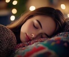 Young woman asleep on a colorful blanket surrounded by soft lights photo