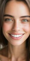 Young woman with green eyes and a bright smile poses softly indoors photo