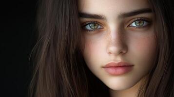 Young woman with captivating green eyes and natural beauty in soft light photo