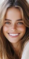 Young woman with freckles smiling warmly in a natural light setting photo