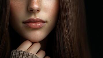 Close-up portrait of a person with long hair and soft features in dim light photo