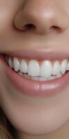 Close-up of a smiling woman showcasing bright, healthy teeth photo