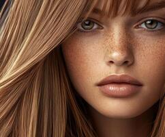 Young woman with long hair and freckles gazing softly at the camera photo