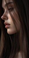 Profile of a young woman with long brown hair in soft lighting photo