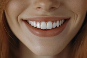 A close-up view of a womans bright smile in soft natural light photo