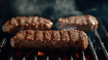 Grilling juicy beef steaks over open flames in a backyard setting photo