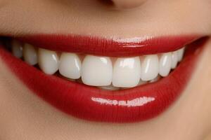 Bright smile with perfect white teeth and red lipstick in close-up shot photo