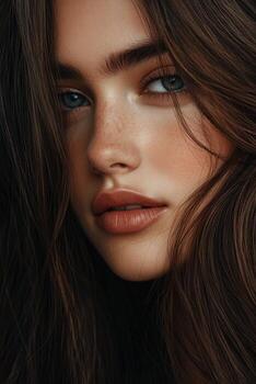 Close-up portrait of a woman with striking features and soft lighting photo