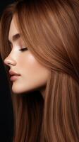 Auburn-haired woman in a beauty portrait on a dark background photo