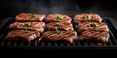 Grilling delicious beef steaks on a barbecue during a summer cookout photo