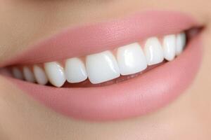 Bright, healthy smile with perfectly white teeth and soft lips photo