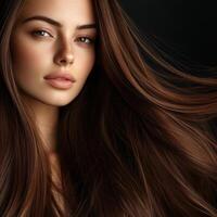 Elegant close-up of a woman with long, flowing brown hair in soft lighting photo