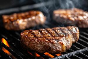 Sizzling beef steaks grilling over hot coals during a summer barbecue photo