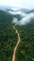 Aerial view of a winding road through lush green forest with clouds photo