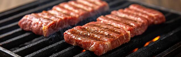 Grilling beef steaks over charcoal on a summer evening outdoors photo