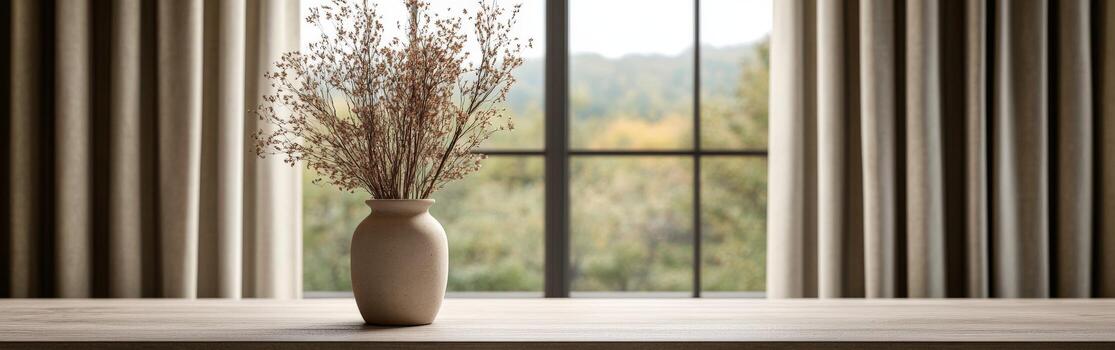 A simple vase with dried flowers on a wooden table by a large window photo