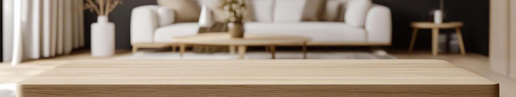 Modern wooden coffee table in a stylish living room with soft lighting photo
