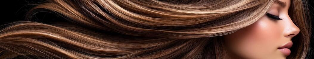 Flowing locks of hair illuminated against a dark background photo