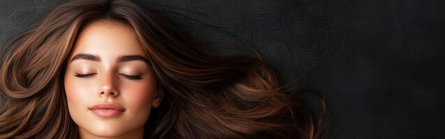 A serene young woman relaxing with flowing hair on a dark background photo