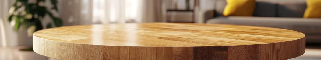 Stylish wooden coffee table in a cozy living room with natural light photo