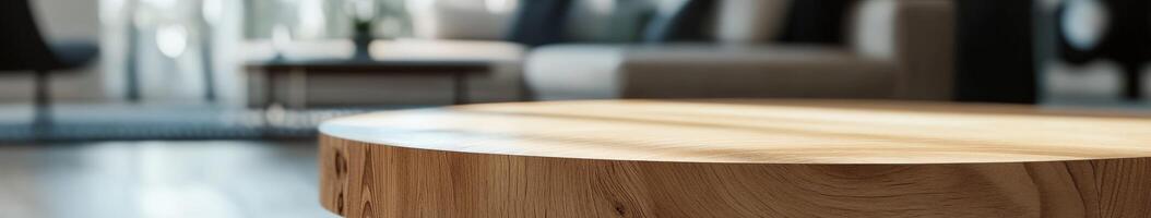 Wooden table in a modern living room with soft natural lighting photo