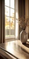 A sunlit vase with dried flowers on a wooden table by a window photo