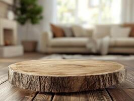 Natural wood slab placed on a rustic wooden floor in a cozy living room photo