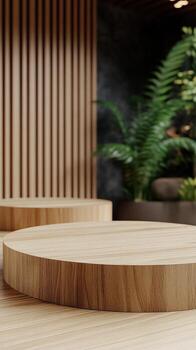 Modern wooden tables in a serene indoor garden setting photo