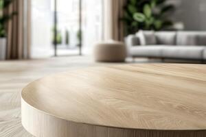 A modern living room featuring a wooden coffee table and natural light photo