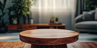 A wooden coffee table in a sunlit living room with plants and couch photo