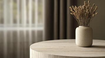 A simple, elegant vase holding dried flowers rests on a round wooden table photo