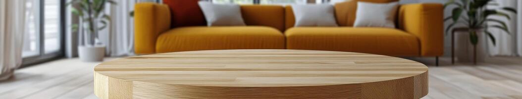 Cozy living room with yellow sofa and wooden coffee table in daylight photo