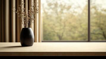 Elegant vase with dried flowers on a table near a large window photo