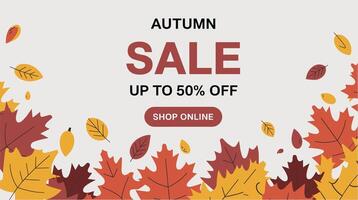 Autumn sale up to 50 off, with colorful fall leaves in the background vector
