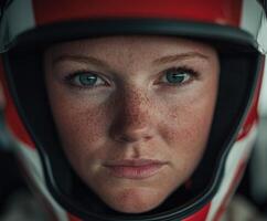 Young female racer in a helmet focused on winning during a race photo
