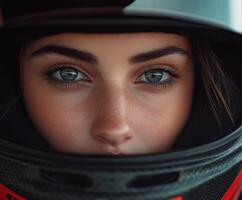 A close-up of a female racer wearing a helmet with intense focus photo