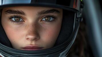 Young female racer in a helmet prepares for a race in the pit lane photo