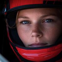 Race car driver intensely focused before a vibrant competition photo