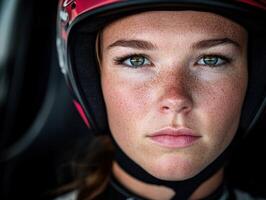 A young female driver prepares for a racing event in her helmet photo