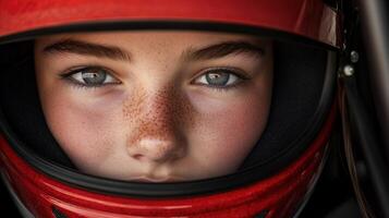 Young racer focused before a race in a red racing helmet at the track photo