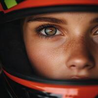 Close-up of a young female race car driver wearing a helmet at the track photo