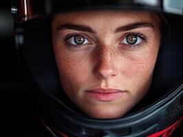 Close-up of a young female racer preparing for a race in her helmet photo