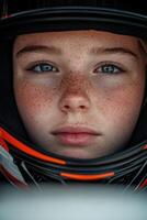 Young female racer prepares for competition with focused expression photo