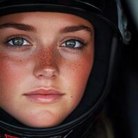 Female racer focuses intensely before her next motorsport competition photo