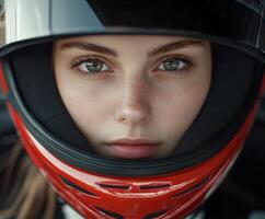 Young woman in racing helmet focused before a race on the track photo