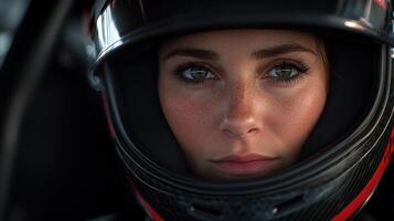 Female racing driver in a helmet reflecting determination during a race photo